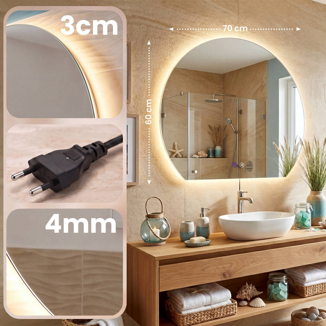 LED-badkamerspiegel Baloni met anti-condens | Kleur: helder/glas | Afmetingen: 70x3x60 cm