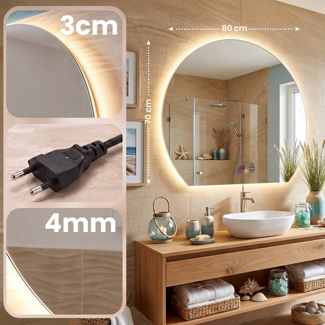 LED Badkamerspiegel Baloni | Kleur: helder/glas | Afmetingen: 80x3x70 cm