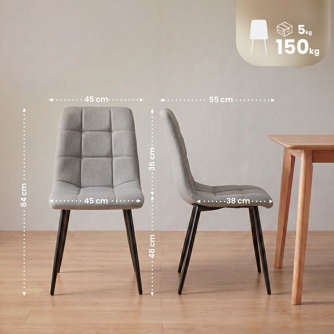 4 eetkamerstoelen Asti - Stoffen bekleding | Kleur: Lichtgrijs | Afmetingen: 45x55x84 cm