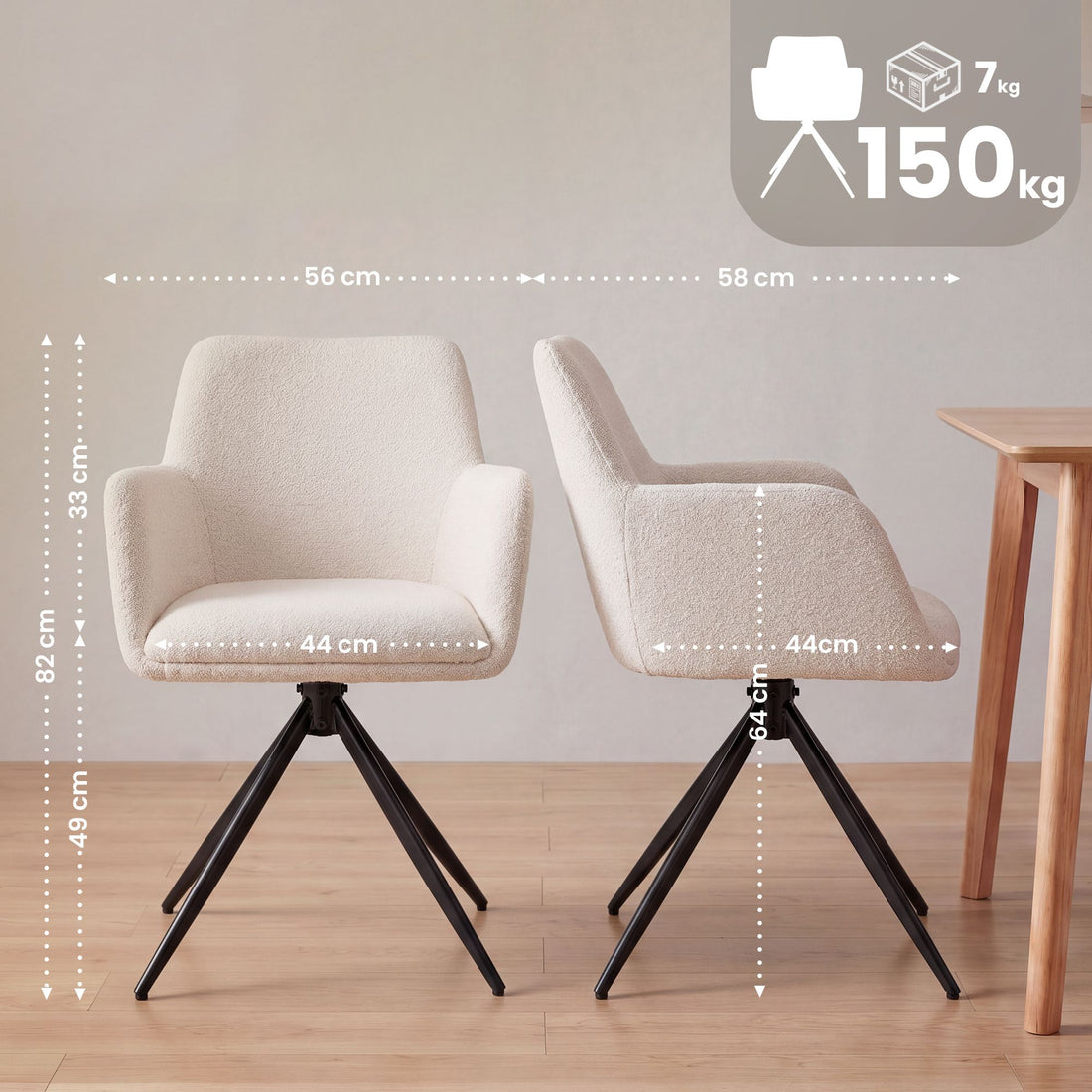 Eetkamerstoel Olema Teddy stof - 180° draaibaar | Kleur: creme | Afmetingen: 56x58x82 cm