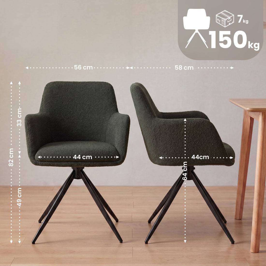 Eetkamerstoel Olema Teddy - 180° draaibaar | Kleur: Groen | Afmetingen: 56x58x82 cm