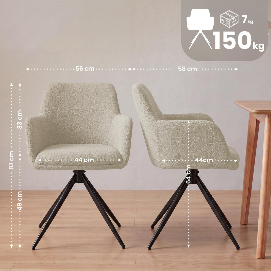 Eetkamerstoel Olema Teddy | Draaibaar | Kleur: Taupe | Afmetingen: 56x58x82 cm