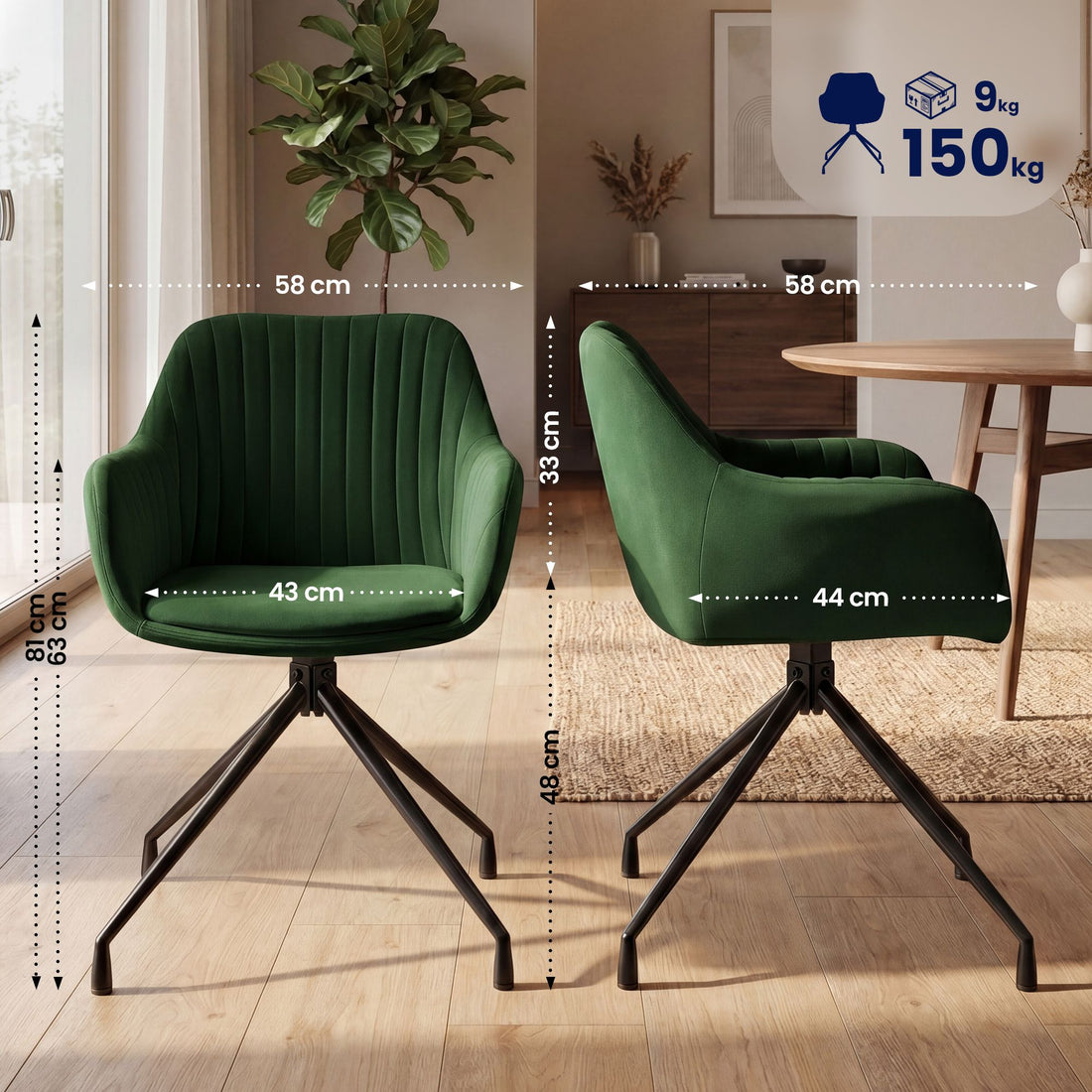 Set van 2 Eetkamerstoelen Welby | Kleur: Groen | Afmetingen: 58x58x81 cm