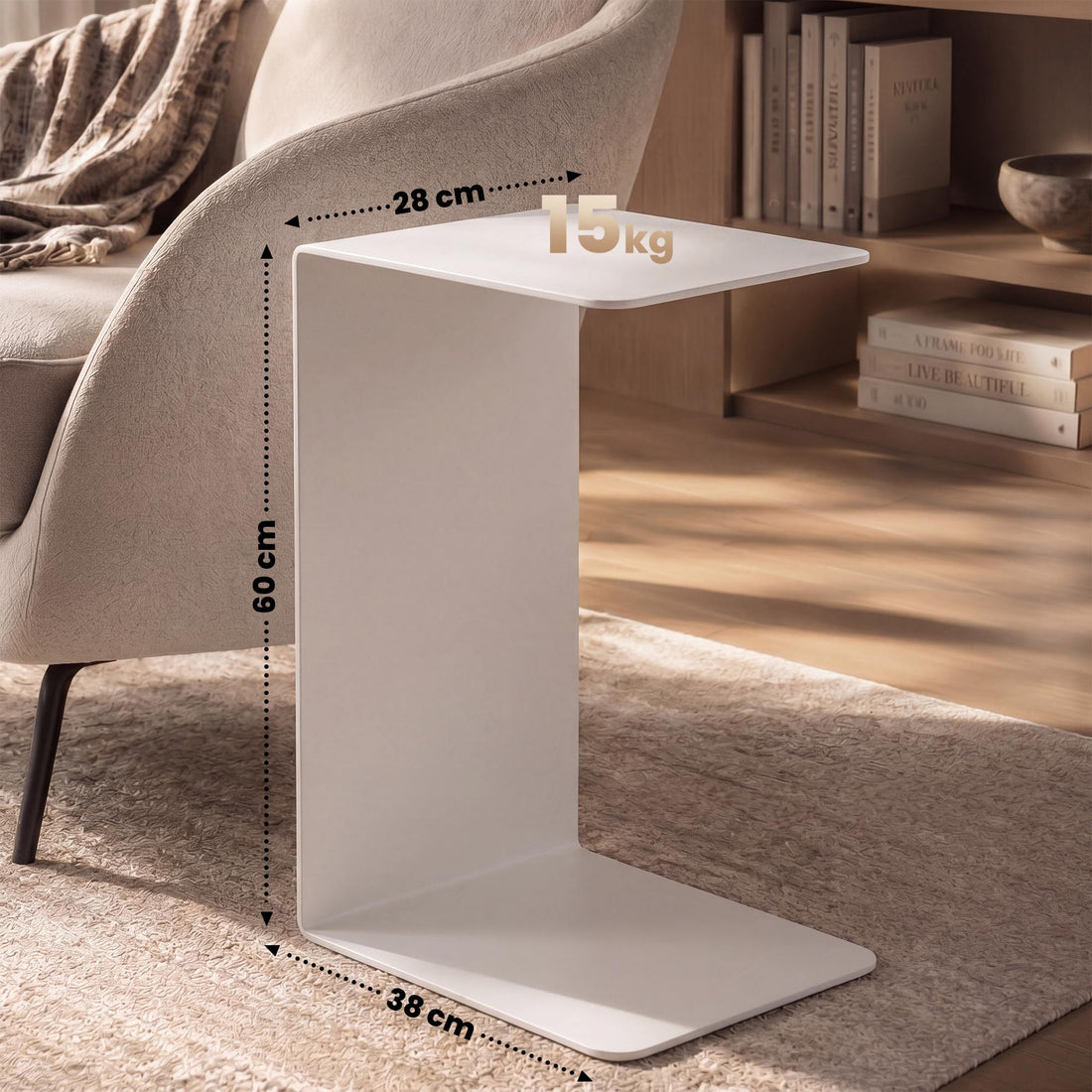 Beistelltisch Selby - C-förmiger Metalltisch | Farbe: Weiß | Abmessungen: 28x38x60 cm