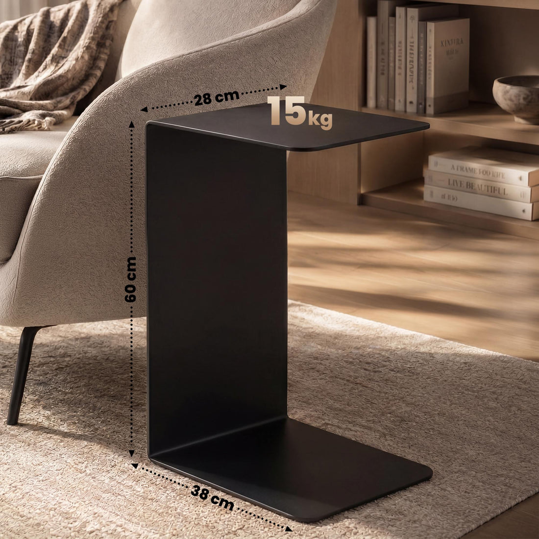 Beistelltisch Selby - C-förmiger Metalltisch | Farbe: Schwarz | Abmessungen: 28x38x60 cm