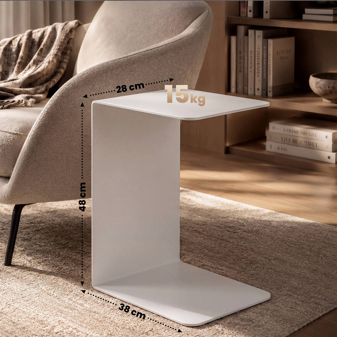 Beistelltisch Selby - C-förmiger Metalltisch | Farbe: Weiß | Abmessungen: 28x38x48 cm