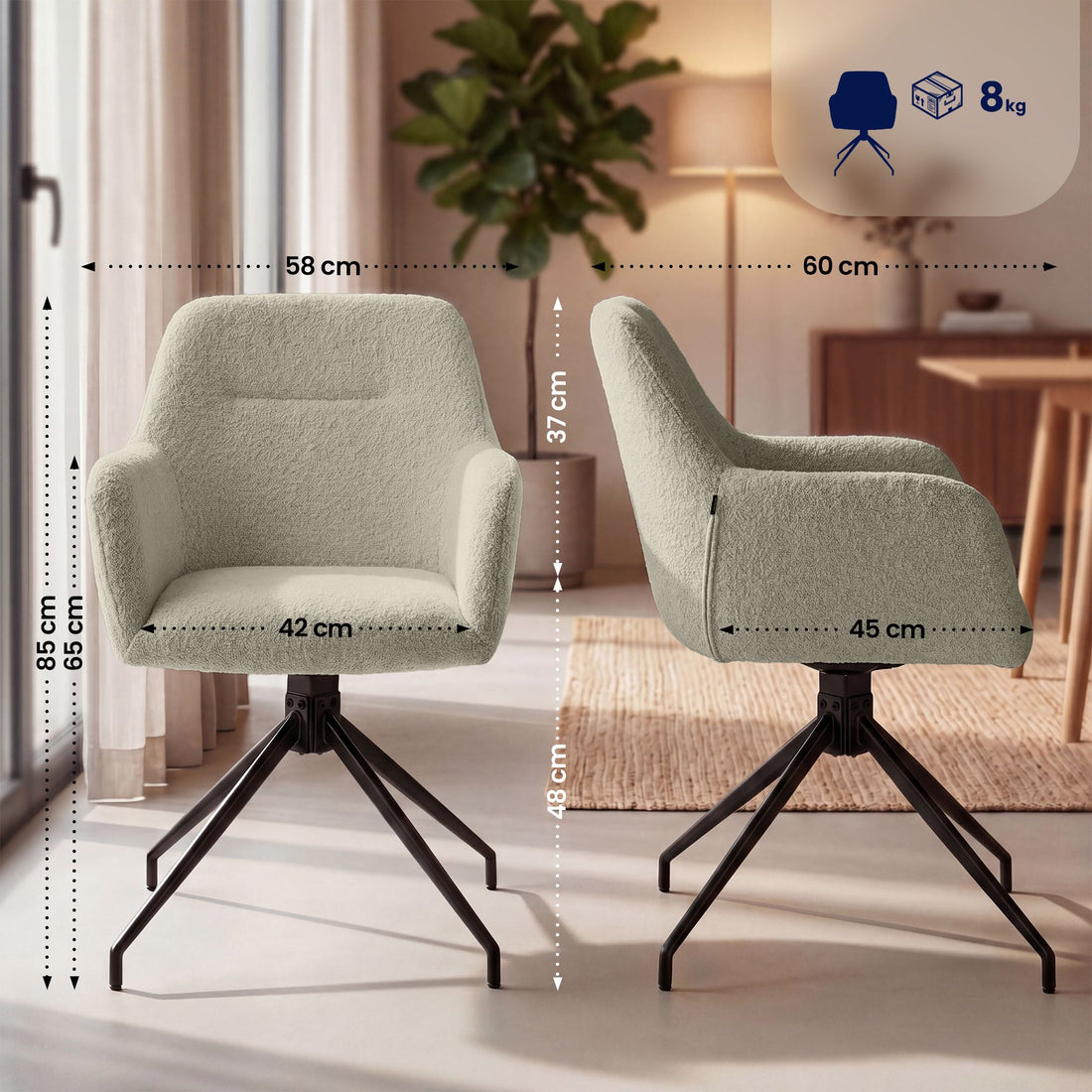 Set om 2 matstolar Merlinda med Teddytyg | Färg: Taupe | Mått: 58x60x85 cm