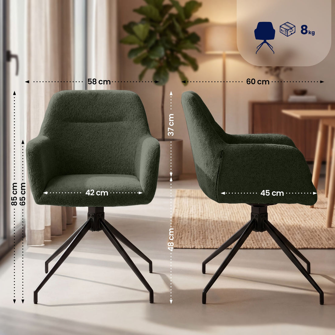 Set van 2 Eetkamerstoelen Merlinda Teddy | Kleur: Donkergroen | Afmetingen: 58x60x85 cm