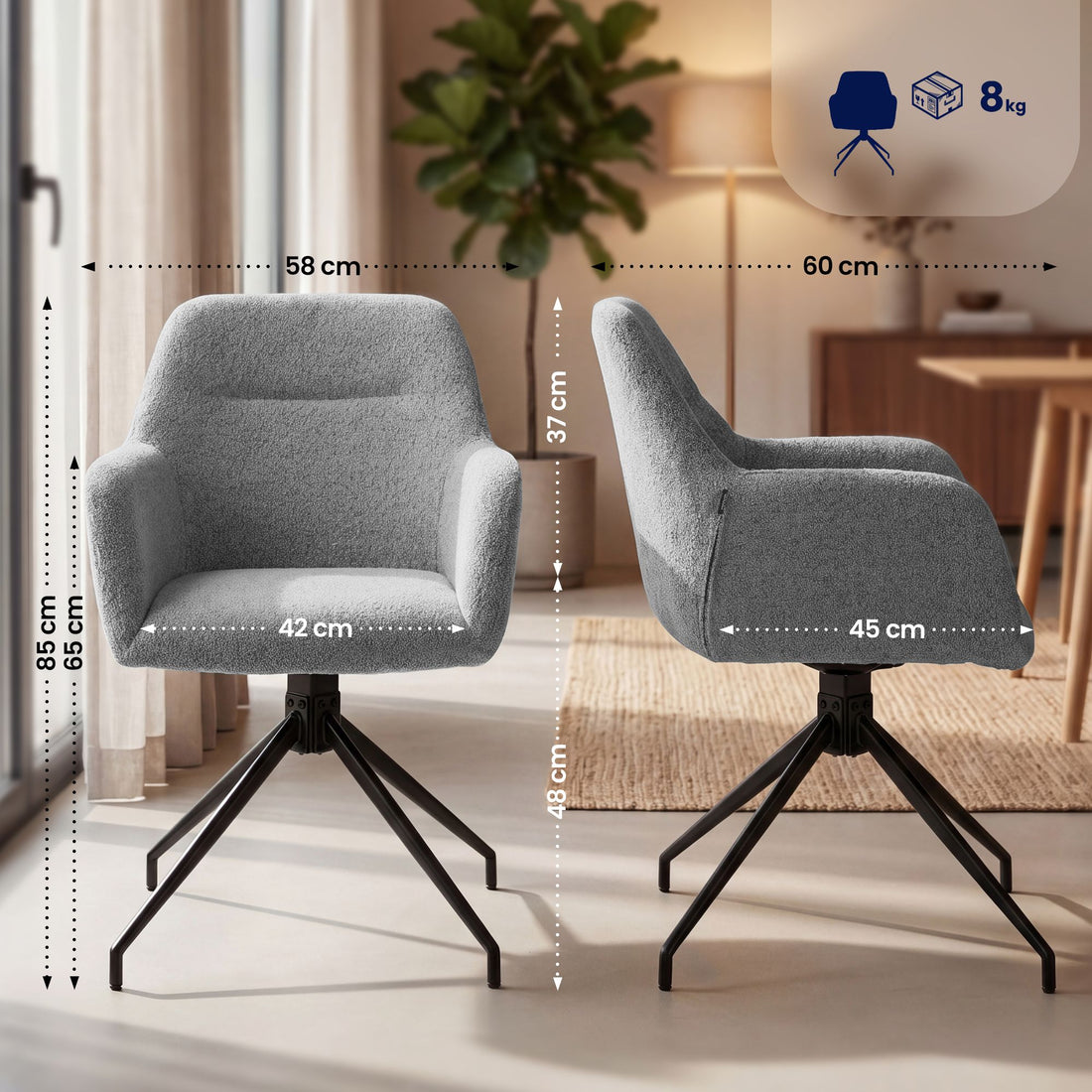 Set van 2 Eetkamerstoelen Merlinda Teddy | Kleur: Grijs | Afmetingen: 58x60x85 cm