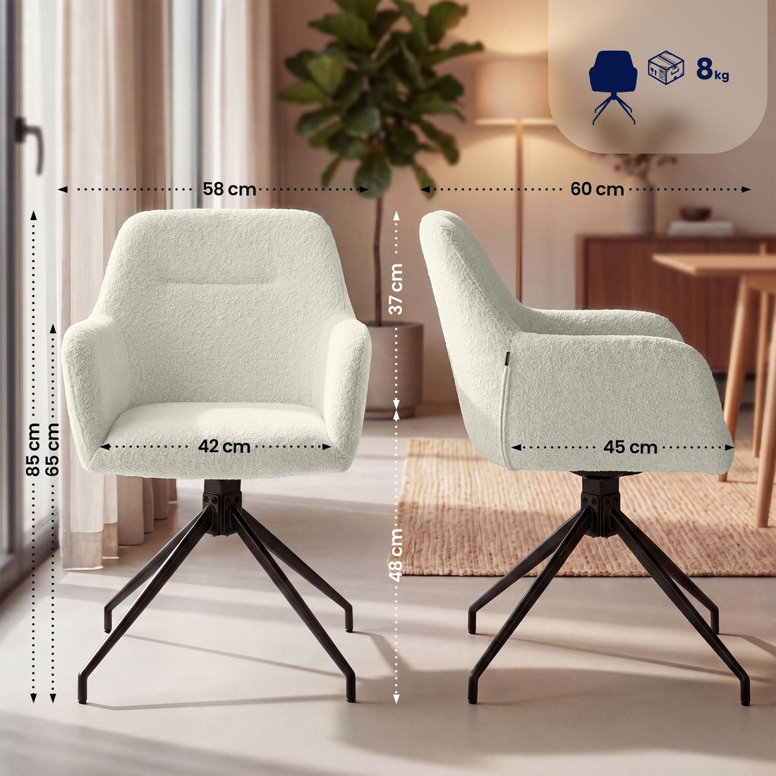 Set van 2 Eetkamerstoelen Merlinda - Teddy stof | Kleur: Creme | Afmetingen: 58x60x85 cm