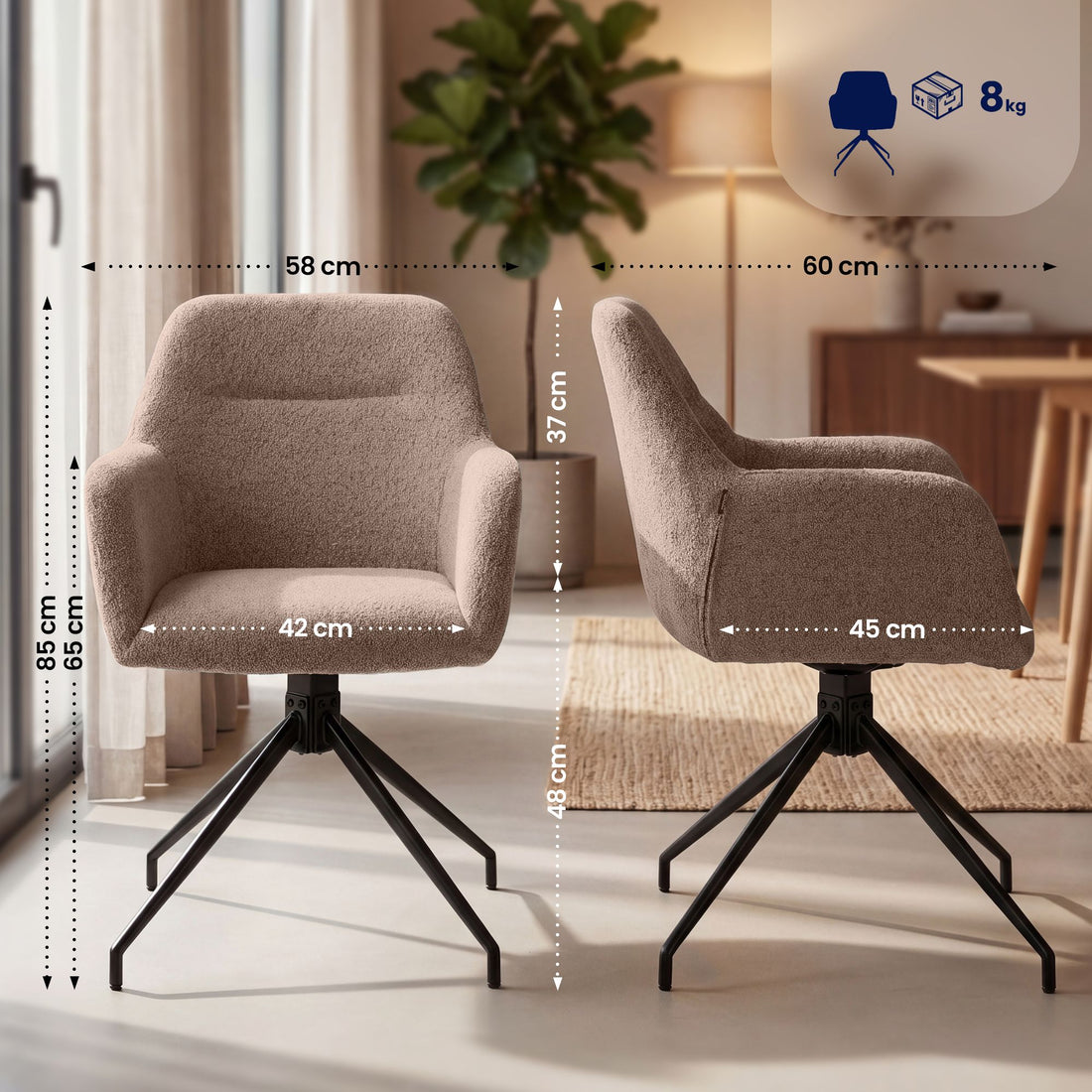 Set van 2 Merlinda eetkamerstoelen met teddy stof | Kleur: Bruin | Afmetingen: 58x60x85 cm