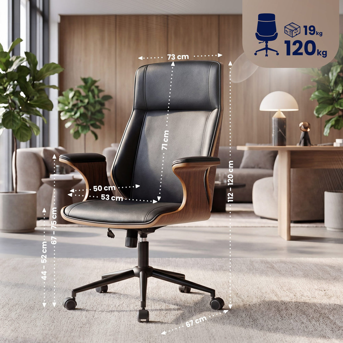 Headland bureaustoel draaibaar | Kleur: walnoot/zwart | Afmetingen: 73x67x112 cm