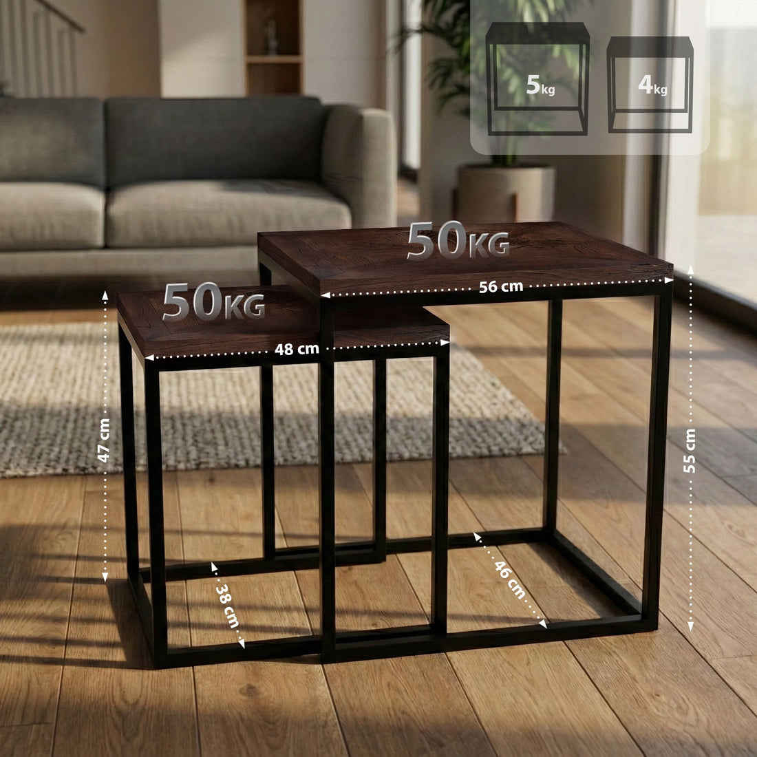 Set med 2 sidobord Talero – Satsbord | Färg: brun | Mått: 48x38x47 cm