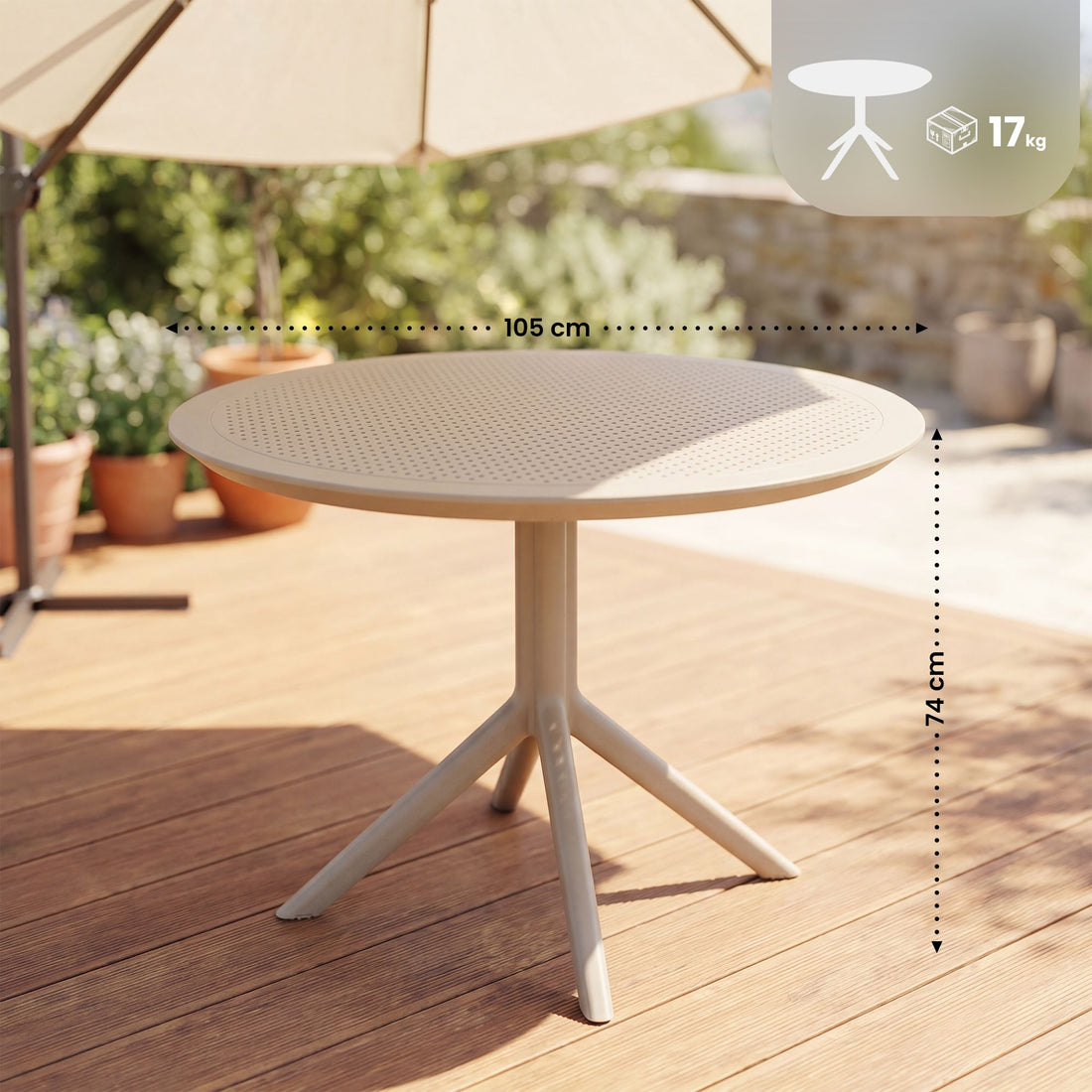 Runder Bistrotisch Sky 105 cm für den Außenbereich | Farbe: Taupe | Abmessungen: 105x105x74 cm