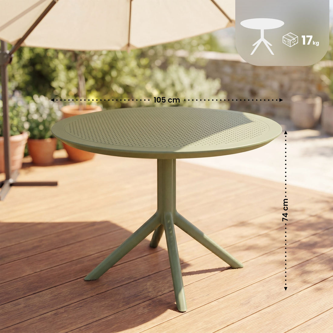 Runder Bistrotisch Sky 105 cm für den Außenbereich | Farbe: Olive | Abmessungen: 105x105x74 cm