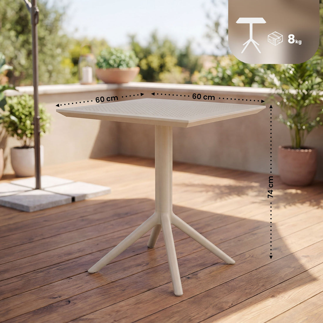 Klaptafel Sky - Vierkant of rond, kunststof | Kleur: Taupe | Afmetingen: 60x60x74 cm
