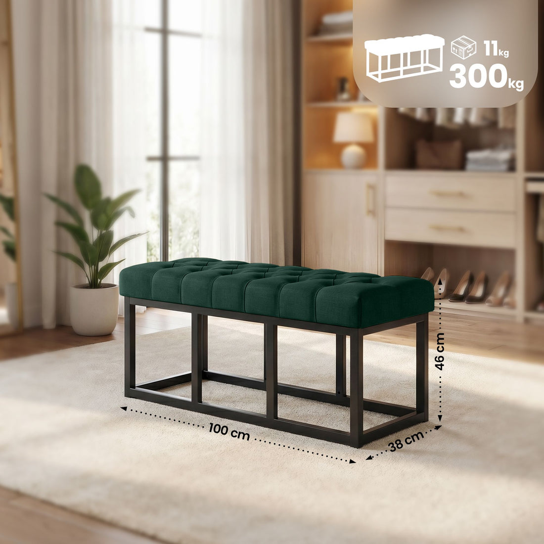 Zitbank Amun met stoffen bekleding | Kleur: groen | Afmetingen: 100x38x46 cm