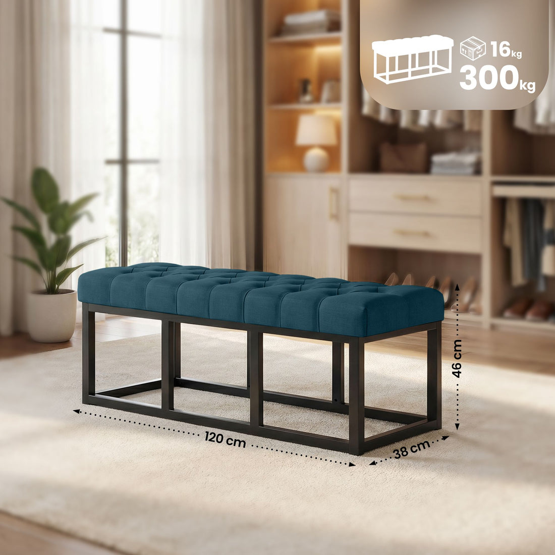 Zitbank Amun - Gestoffeerde Chesterfield bank | Kleur: blauw | Afmetingen: 120x38x46 cm
