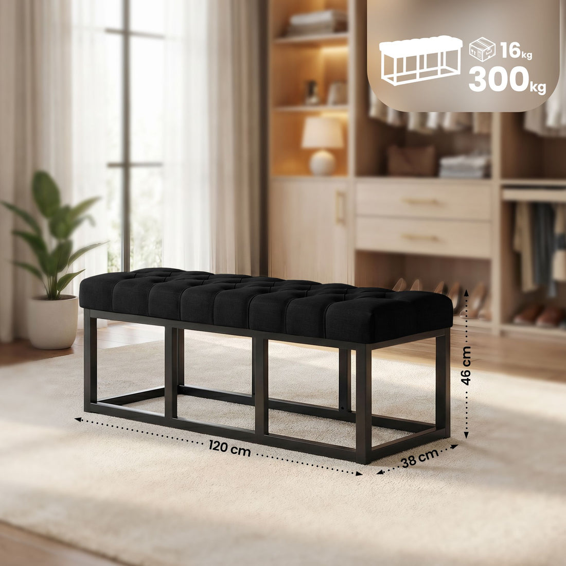 Zitbank Amun - Stoffen Chesterfield bank | Kleur: zwart | Afmetingen: 120x38x46 cm