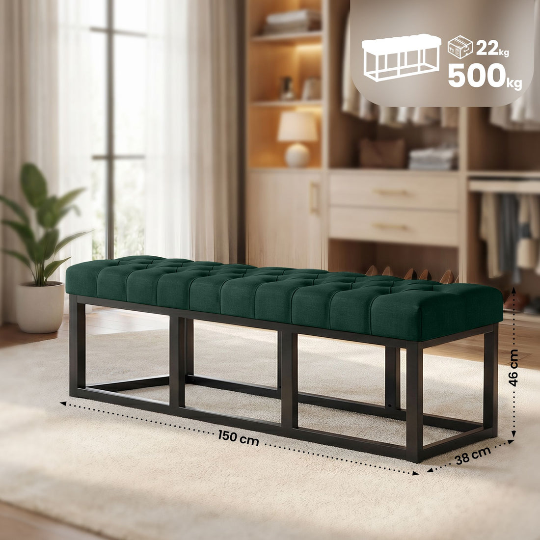 Zitbank Amun - Stoffen bank met Chesterfield knopen | Kleur: Groen | Afmetingen: 150x38x46 cm