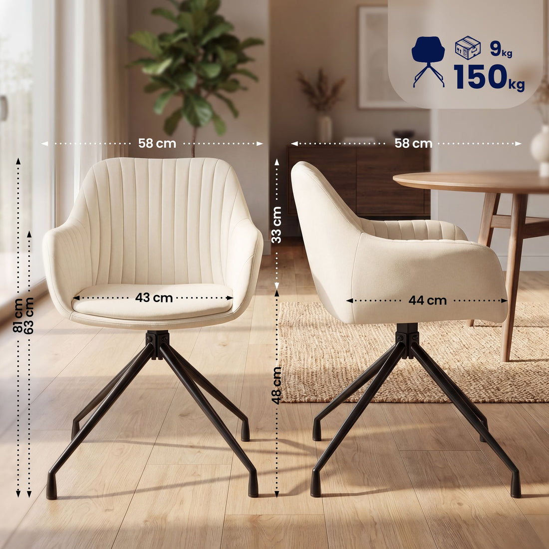 Set van 2 Novanis eetkamerstoelen met armleuningen | Kleur: creme | Afmetingen: 58x58x81 cm