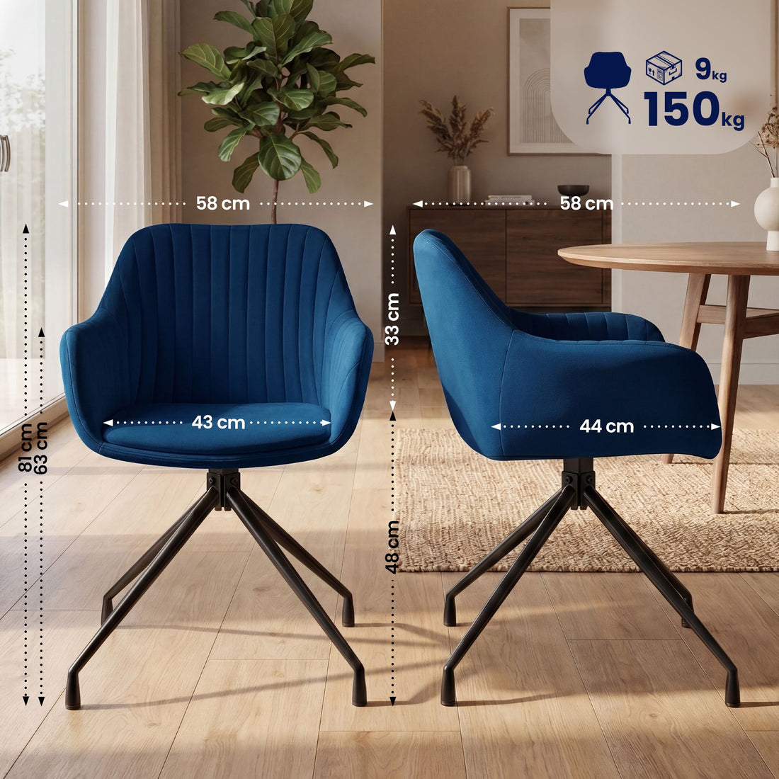 Set van 2 Novanis eetkamerstoelen - draaibaar | Kleur: Donkerblauw | Afmetingen: 58x58x81 cm