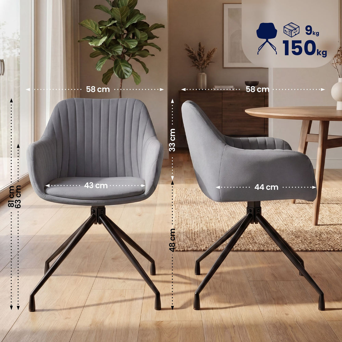 Set van 2 Novanis eetkamerstoelen met armleuningen | Kleur: donkergrijs | Afmetingen: 58x58x81 cm