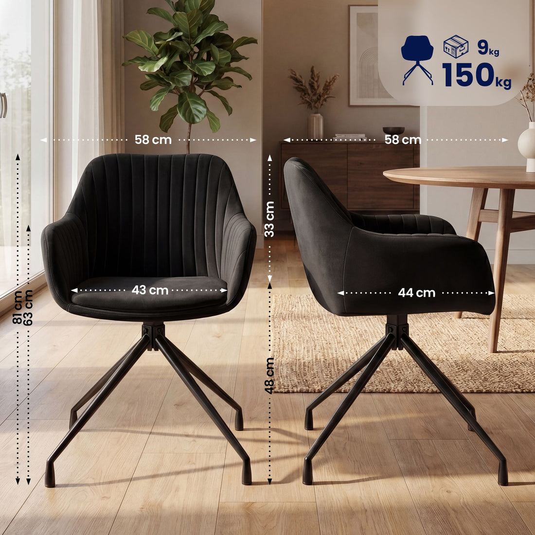 Set van 2 Novanis eetkamerstoelen - draaibaar | Kleur: Zwart | Afmetingen: 58x58x81 cm