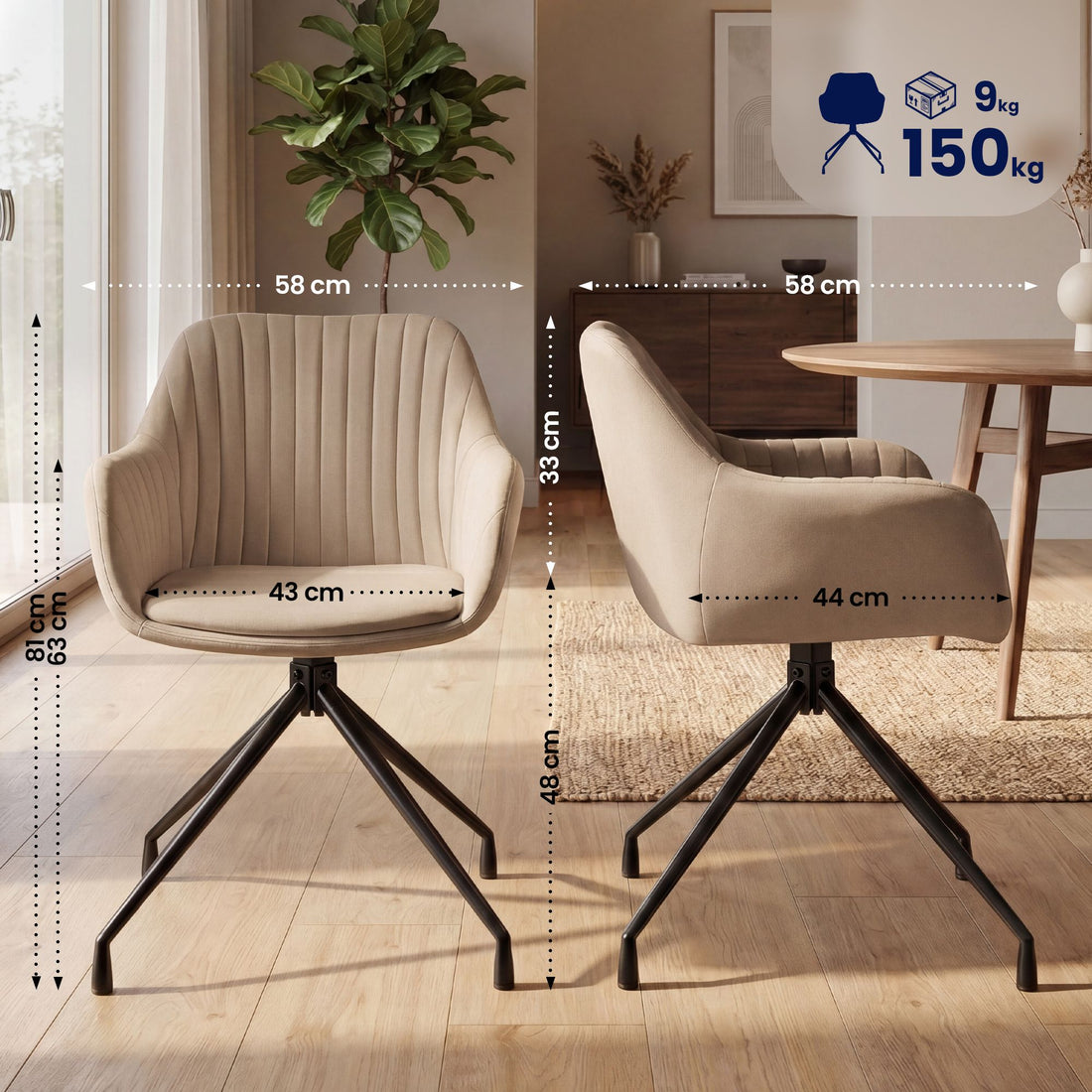 Set van 2 Novanis eetkamerstoelen | Kleur: Taupe | Afmetingen: 58x58x81 cm