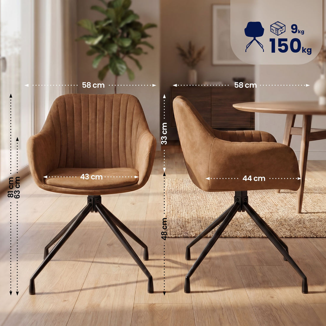Set van 2 Novanis eetkamerstoelen | Kleur: licht bruin | Afmetingen: 58x58x81 cm