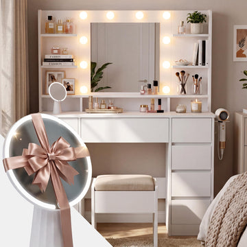 Pretty kaptafel met Hollywood-spiegel en LED-verlichting | Kleur: Wit | Afmetingen: 110x40x140 cm