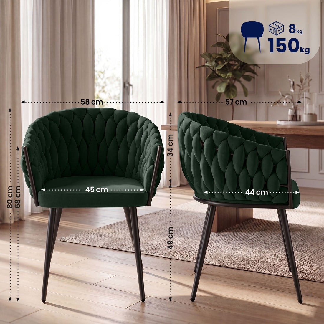 Molise fluwelen eetkamerstoel met armleuningen | Kleur: Groen | Afmetingen: 58x57x80 cm