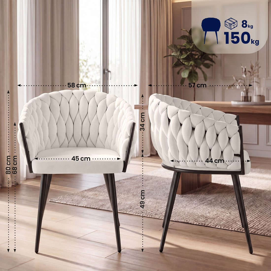 Molise fluwelen eetkamerstoel met armleuning | Kleur: Creme | Afmetingen: 58x57x80 cm