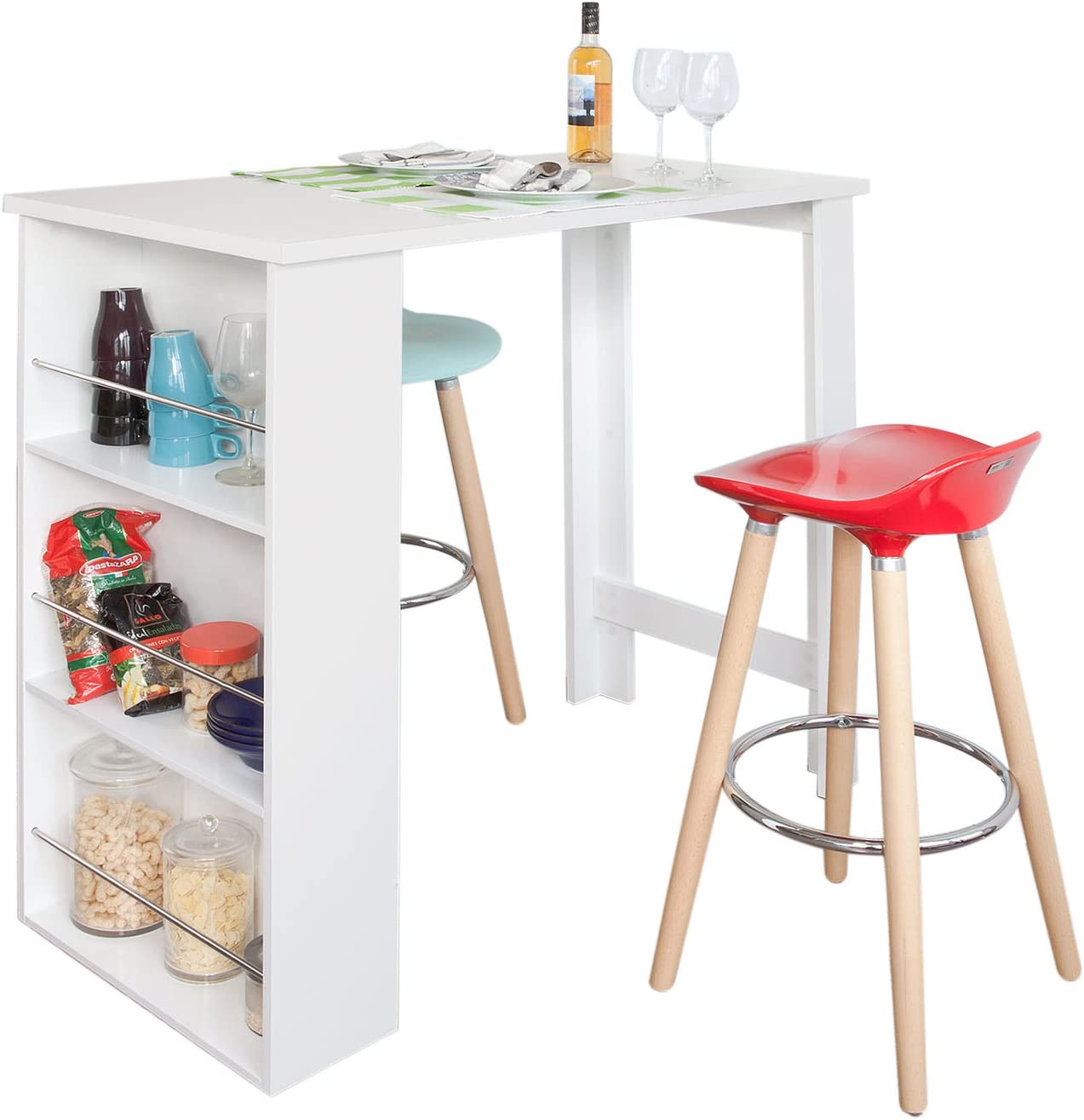 Keukeneettafel-Bartafel Salontafel met 3-laags opbergrek, Wit
