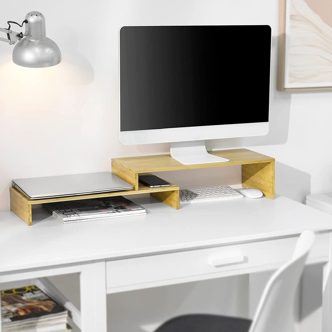 Bamboo Monitor Stand Riser - Bureauplank - Bureau-organizer - Verminder nekpijn - Verstelbaar - 52-104 cm x 15 cm x 22 cm