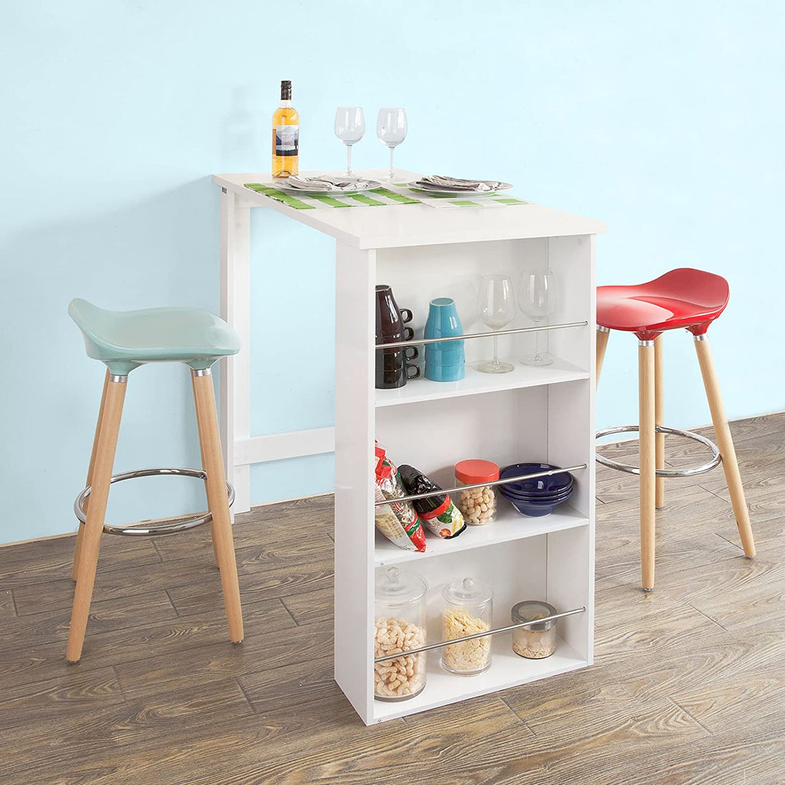 Keukeneettafel-Bartafel Salontafel met 3-laags opbergrek, Wit