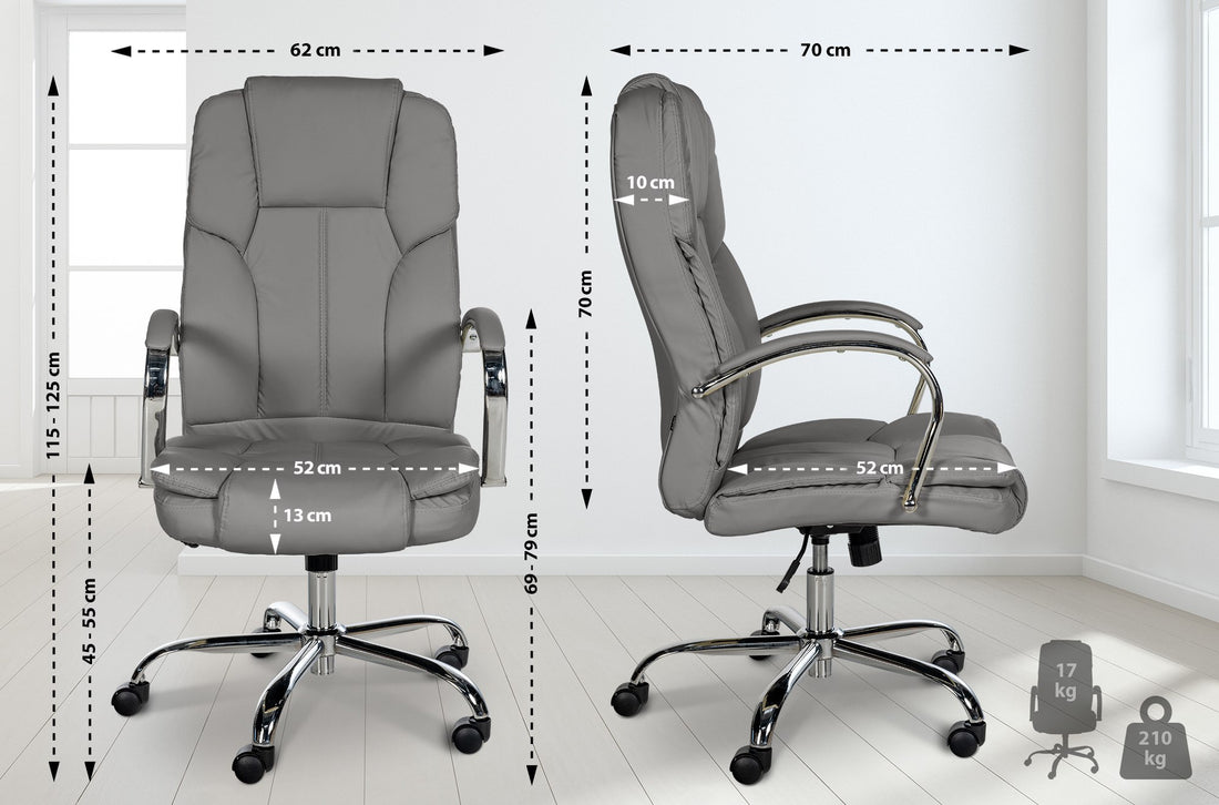 Ergonomische XXL Bureaustoel - Executive Zitting - Hoge draagkracht tot 210 kg Kleur grijs