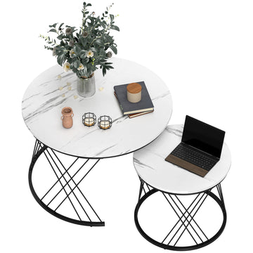 Salontafelset 2 stuks marmerlook | Kleur: Wit | Afmetingen: 70x70x46,5 cm
