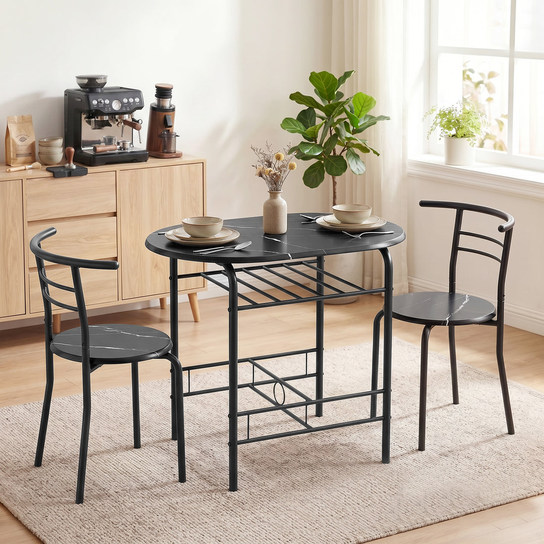 Eettafelset met 2 stoelen en opbergrek | Kleur: Zwart | Afmetingen: 52x80x76 cm