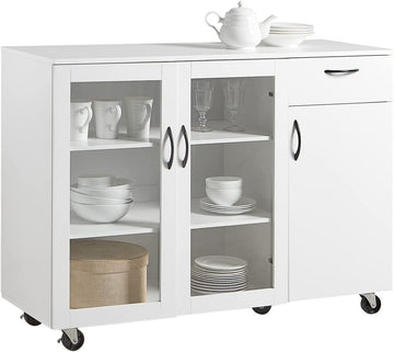Keuken Eetkamer Woonkamer Dressoir Opbergkast Kast op Wielen - Opbergkast met Glazen Deurtjes