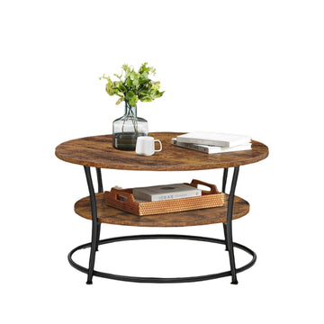 Ronde salontafel met plank - houtlook spaanplaat en staal - 80 x 45 cm