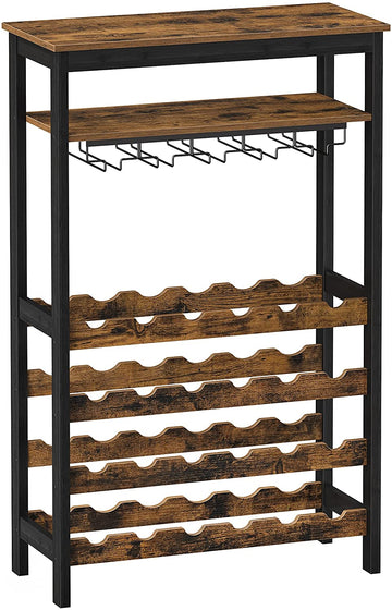 Wijnrek met glashouders - flessenrek - industrieel - bruin/zwart - 66 x 30 x 100 cm