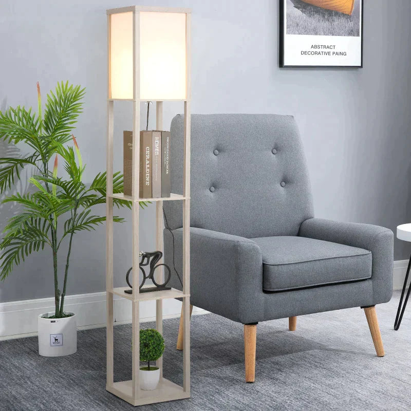 Vloerlamp met planken en opbergruimte | Kleur: eiken+wit | Afmetingen: 26x26x160 cm
