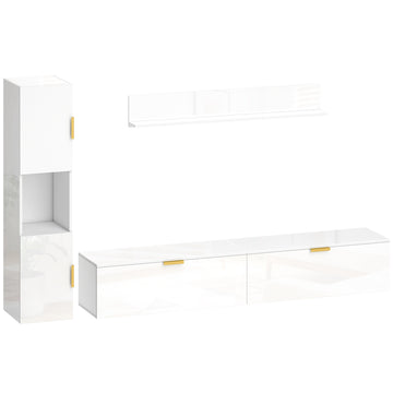 Zwevende TV-meubelset met wandkast en wandplank | Kleur: Hoogglanswit | Afmetingen: 180x33x30 cm