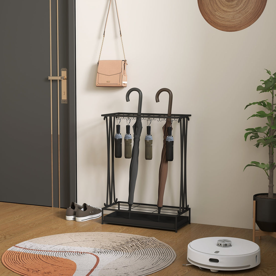 Paraplubak met 24 haken en 21 openingen | Kleur: Zwart | Afmetingen: 50x24x68 cm