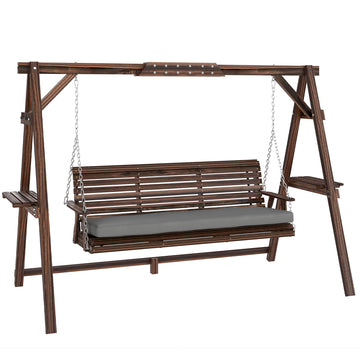 Houten schommel 3-zits met kussen en tafels | Kleur: Verkoold | Afmetingen: 243x134x170 cm