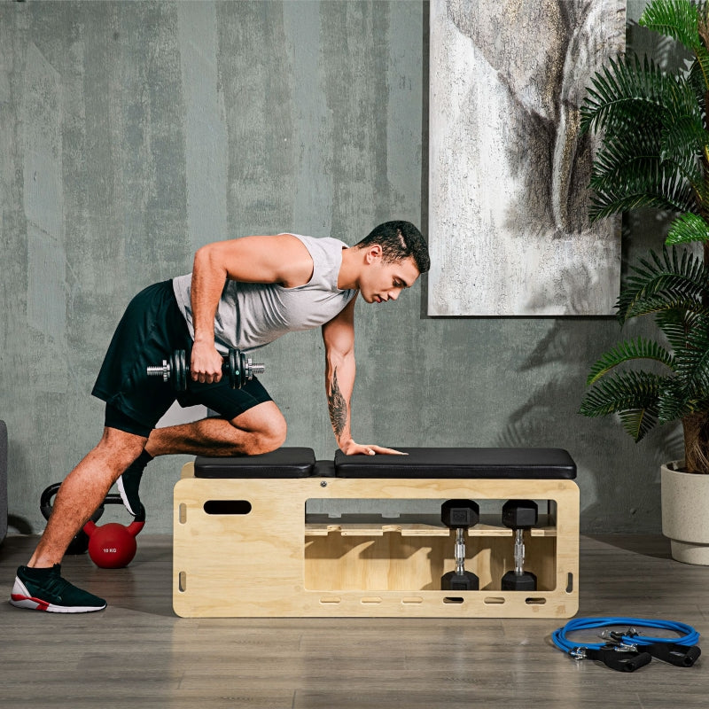 Fitnessbank met halterrek | Kleur: Natuurlijk + zwart | Afmetingen: 35x110x43-107 cm