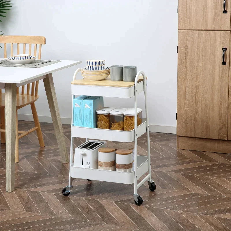 Keukentrolley met 3 manden en deksel | Kleur: Wit | Afmetingen: 31x45x79.4 cm