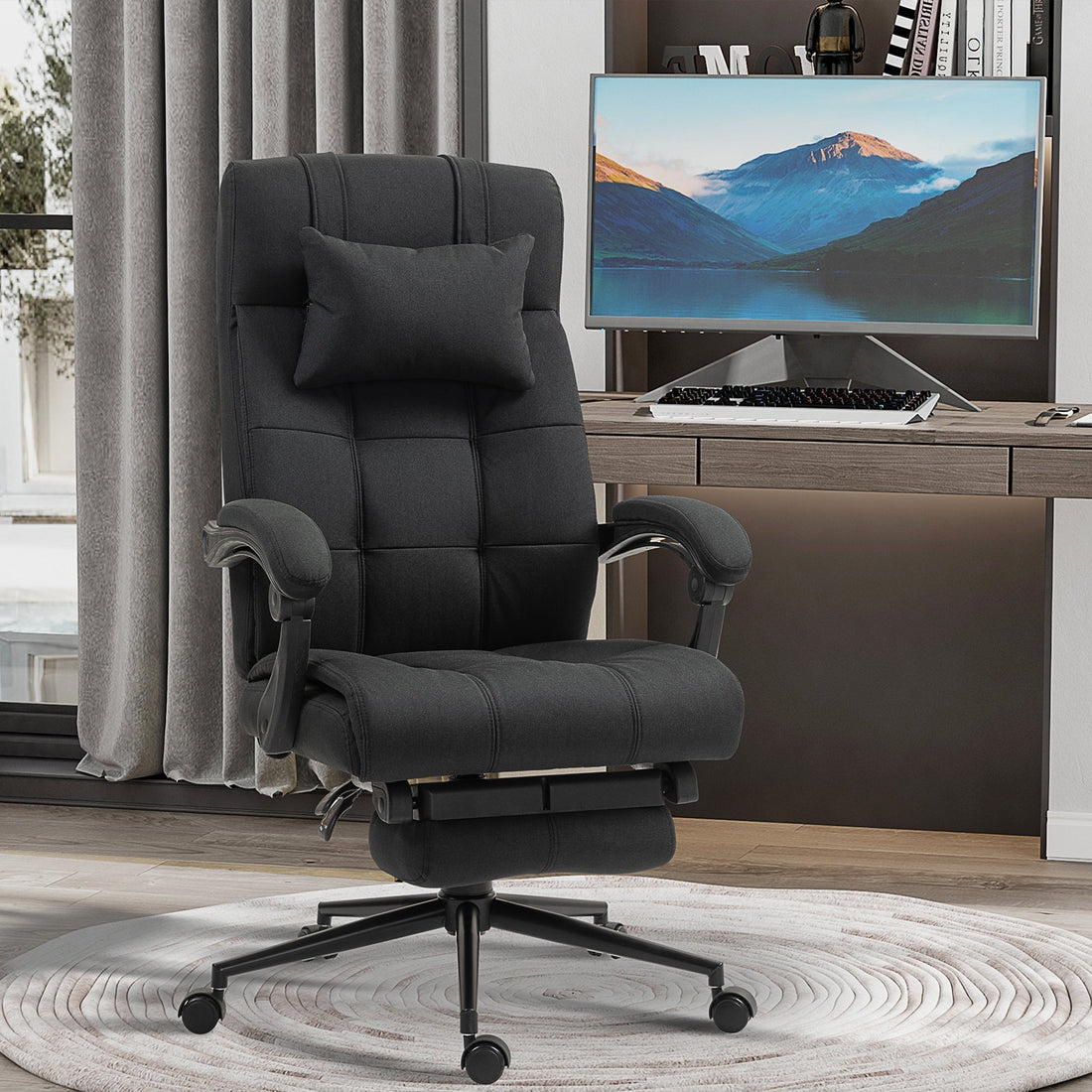 Ergonomischer Bürostuhl mit Fußstütze und Kopfstütze | Farbe: Schwarz