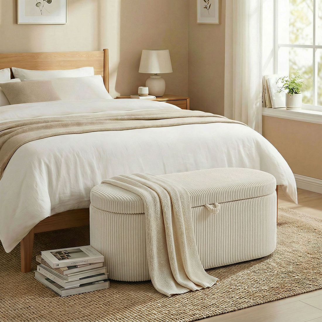 Opbergbank met opbergruimte en cord bekleding | Kleur: Beige | Afmetingen: 105x51x49 cm